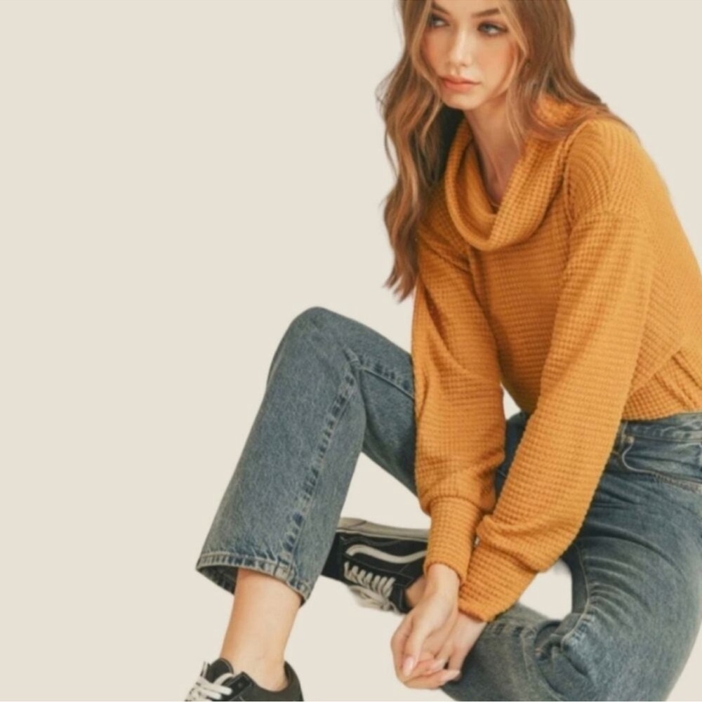 Free People Pumpkin Mustard Waffle Neck Pullover